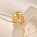 Anillo de Fe Ajustable y Abierto con Medalla Milagrosa y Halo de Circonita