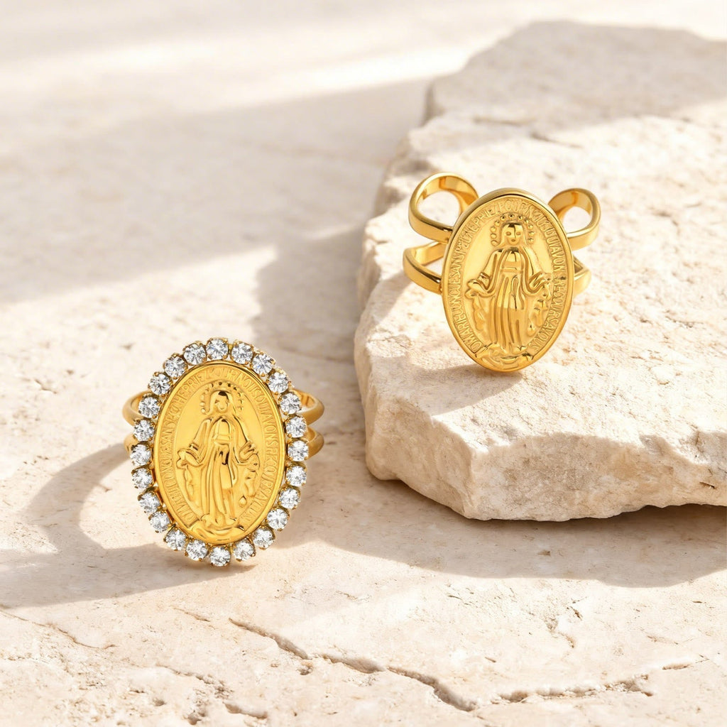 Anillo de Fe Ajustable y Abierto con Medalla Milagrosa y Halo de Circonita