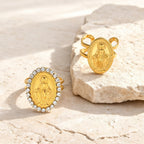 Anillo de Fe Ajustable y Abierto con Medalla Milagrosa y Halo de Circonita