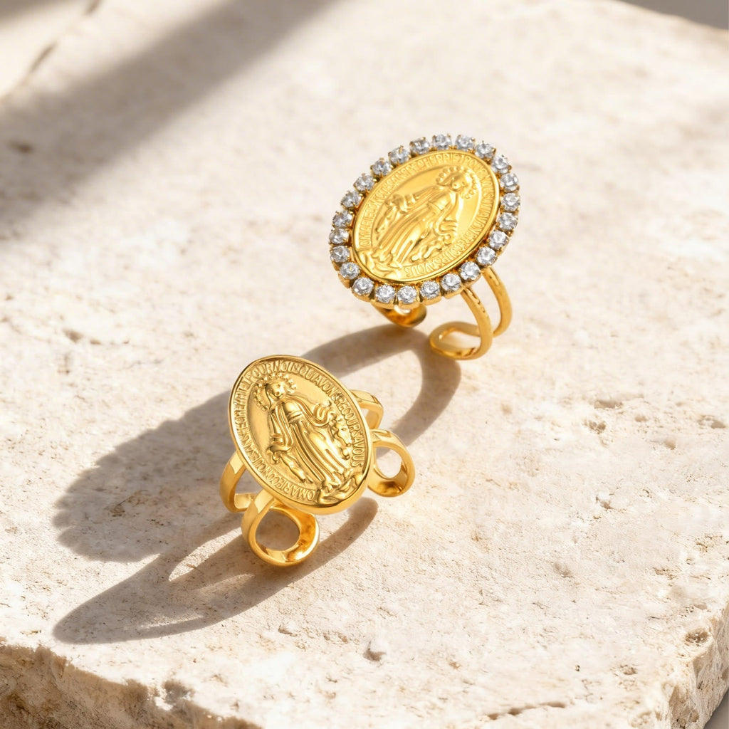 Anillo de Fe Ajustable y Abierto con Medalla Milagrosa y Halo de Circonita
