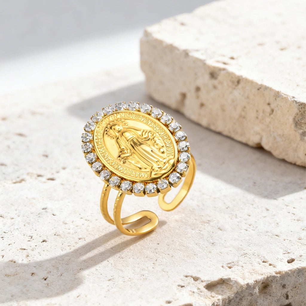 Anillo de Fe Ajustable y Abierto con Medalla Milagrosa y Halo de Circonita