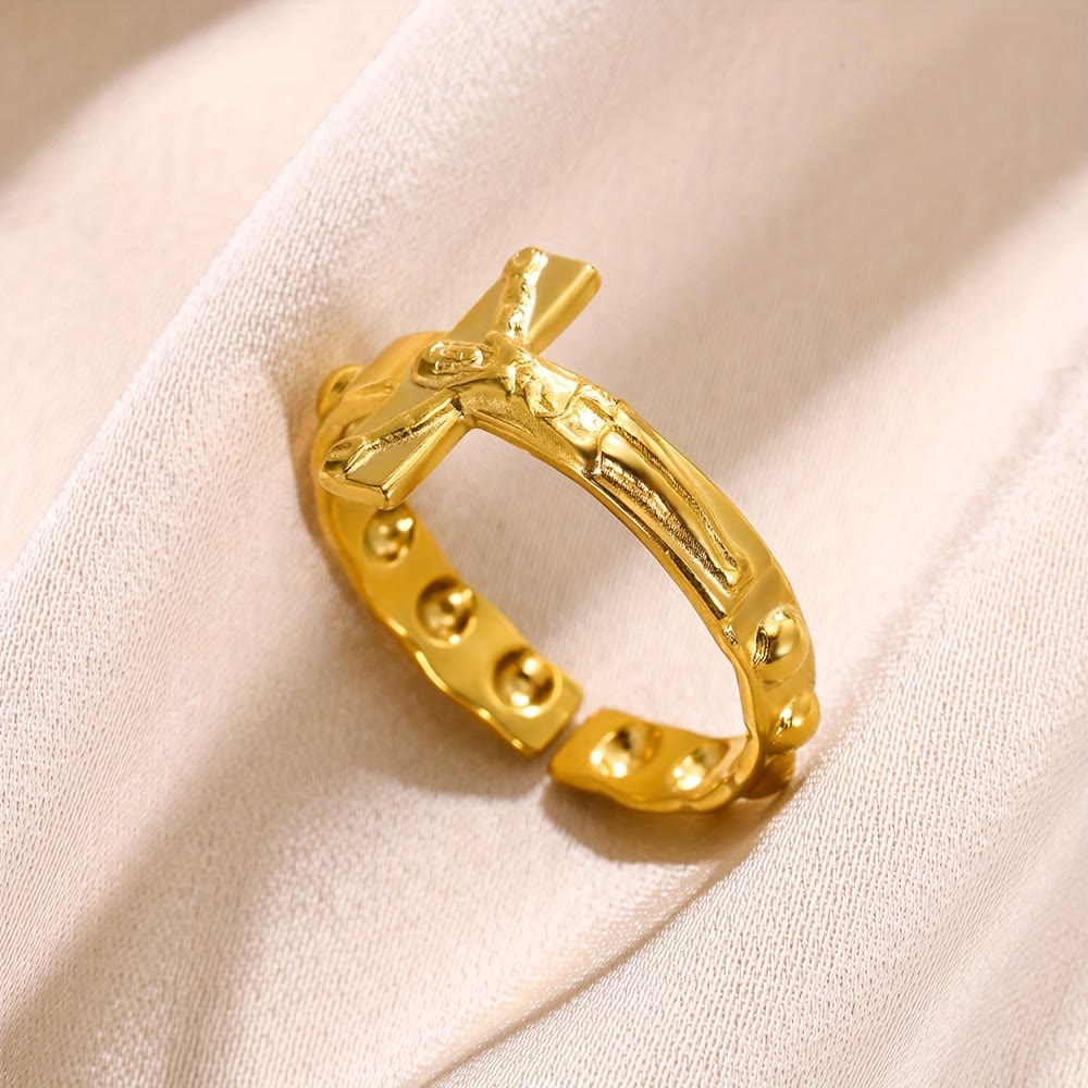 Anillo de Devoción Ajustable y Abierto con Cruz Grabada Eterna