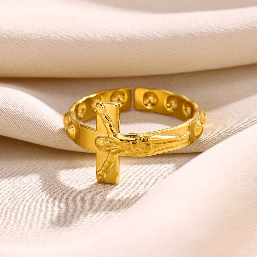 Anillo de Devoción Ajustable y Abierto con Cruz Grabada Eterna
