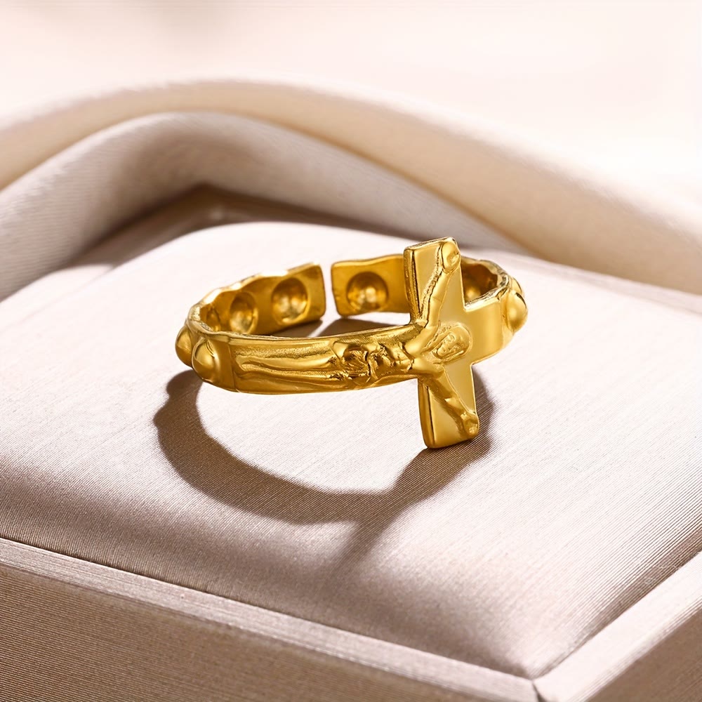 Anillo de Devoción Ajustable y Abierto con Cruz Grabada Eterna