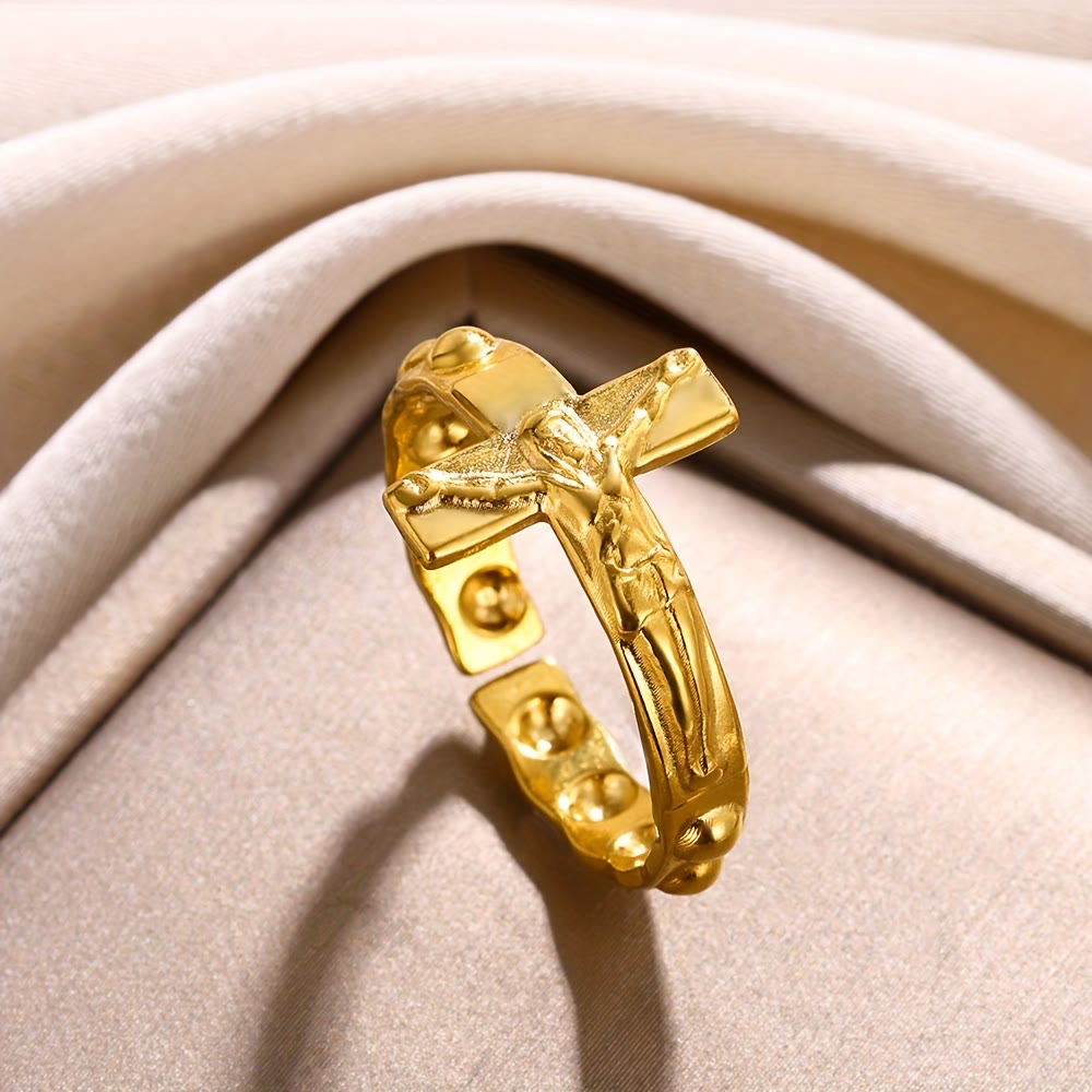 Anillo de Devoción Ajustable y Abierto con Cruz Grabada Eterna