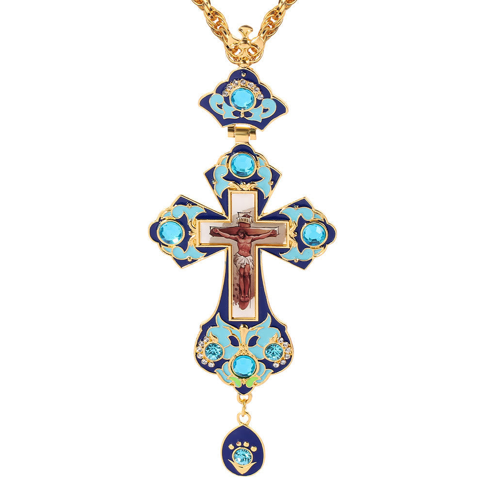 Collar con Dije de Cruz Ortodoxa Ornamentada con Gemas: Emblema de Redención y Gloria Divina