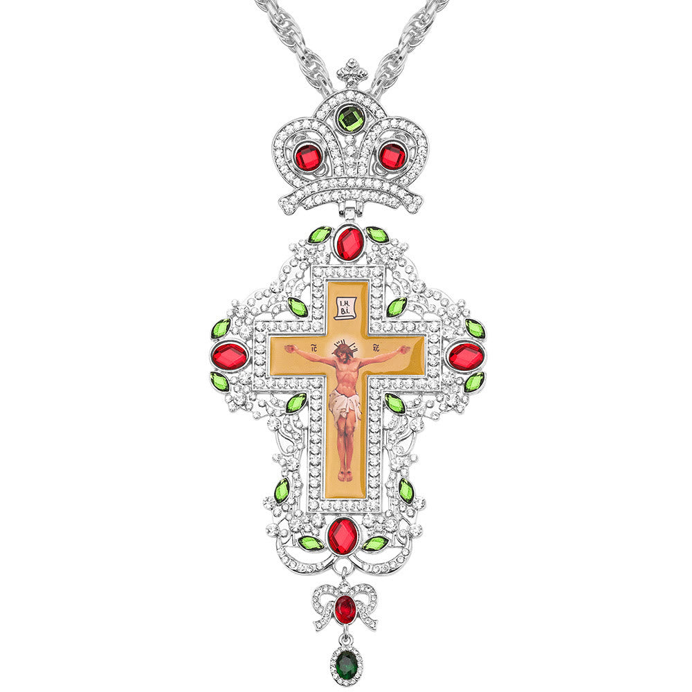 Collar con Dije de Cruz Ortodoxa Ornamentada con Gemas: Emblema de Redención y Gloria Divina