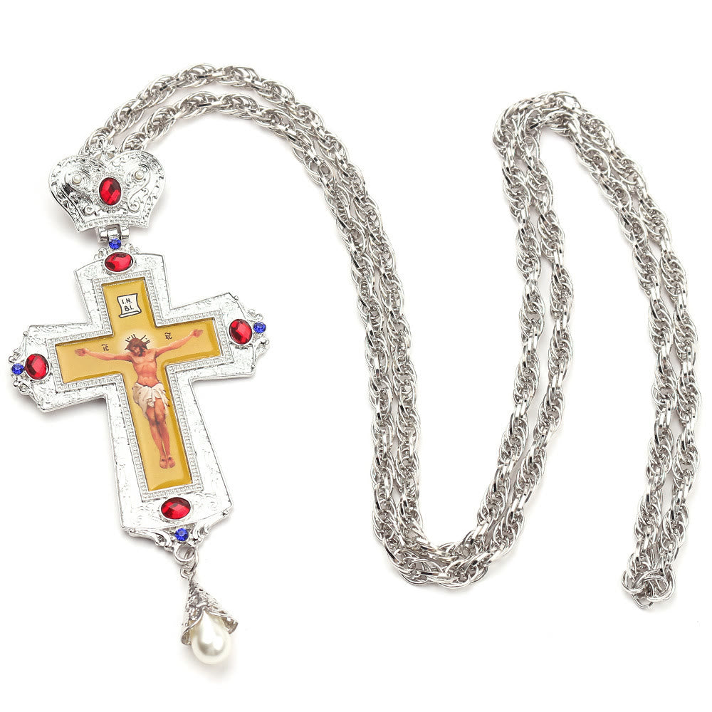 Collar con Dije de Cruz Ortodoxa Ornamentada con Gemas: Emblema de Redención y Gloria Divina