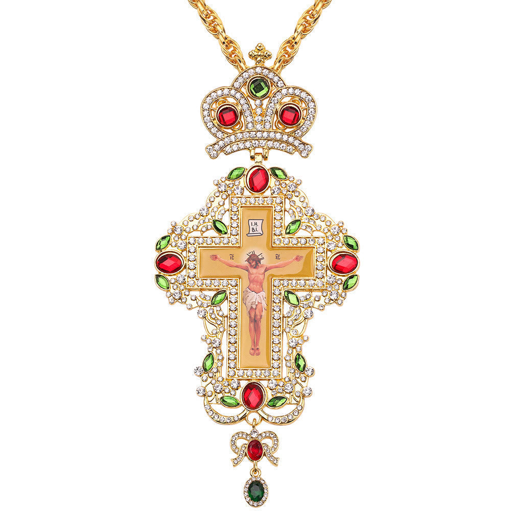 Collar con Dije de Cruz Ortodoxa Ornamentada con Gemas: Emblema de Redención y Gloria Divina