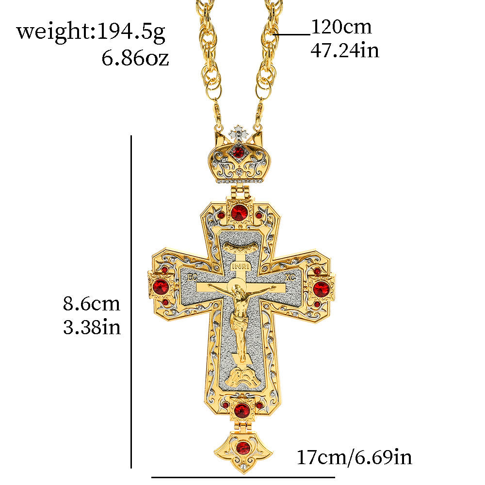 Collar con Dije de Cruz Ortodoxa Ornamentada con Gemas: Emblema de Redención y Gloria Divina