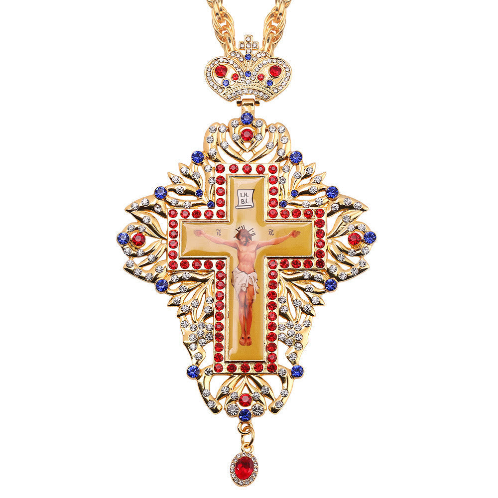 Collar con Dije de Cruz Ortodoxa Ornamentada con Gemas: Emblema de Redención y Gloria Divina