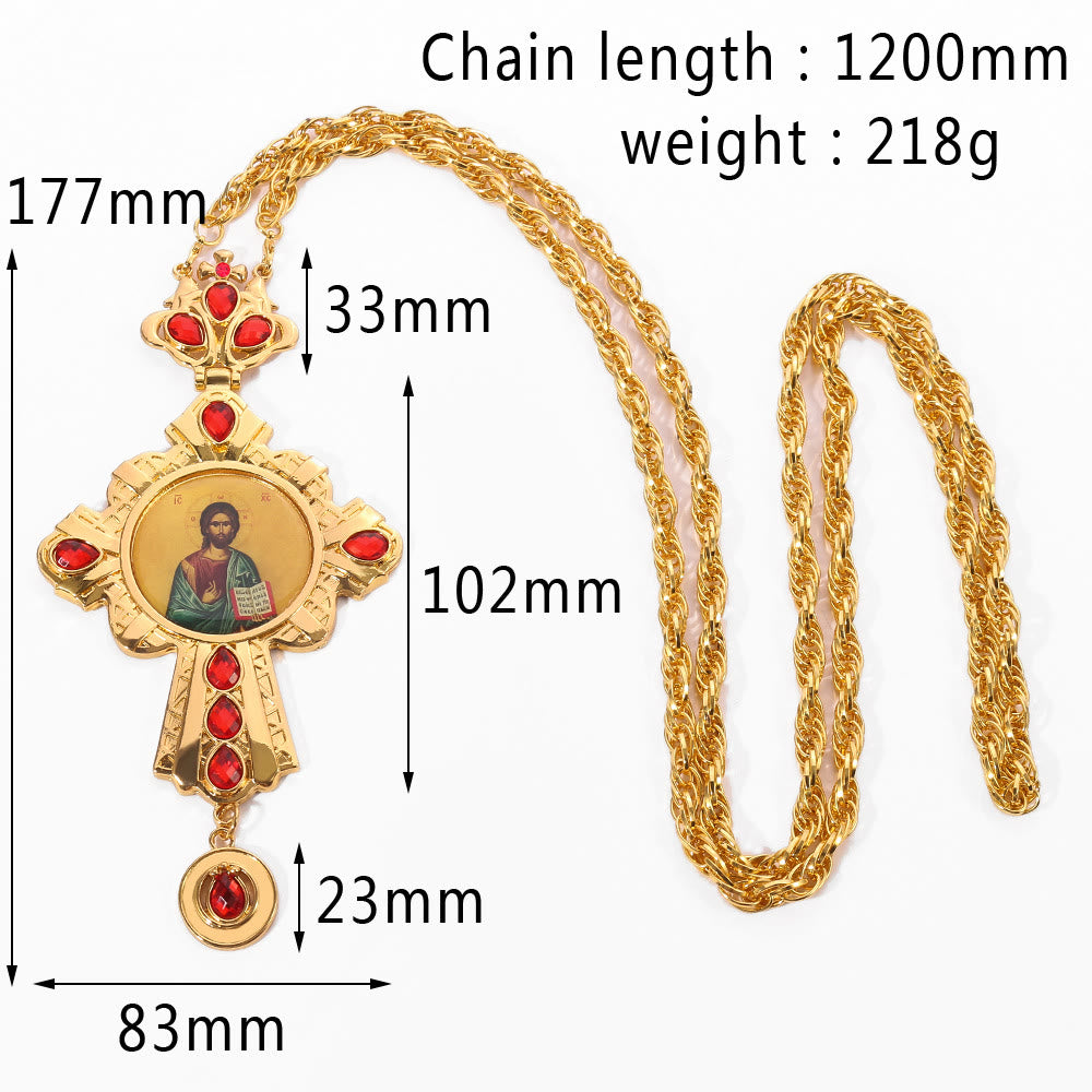Collar con Dije de Cruz Ortodoxa Ornamentada con Gemas: Emblema de Redención y Gloria Divina