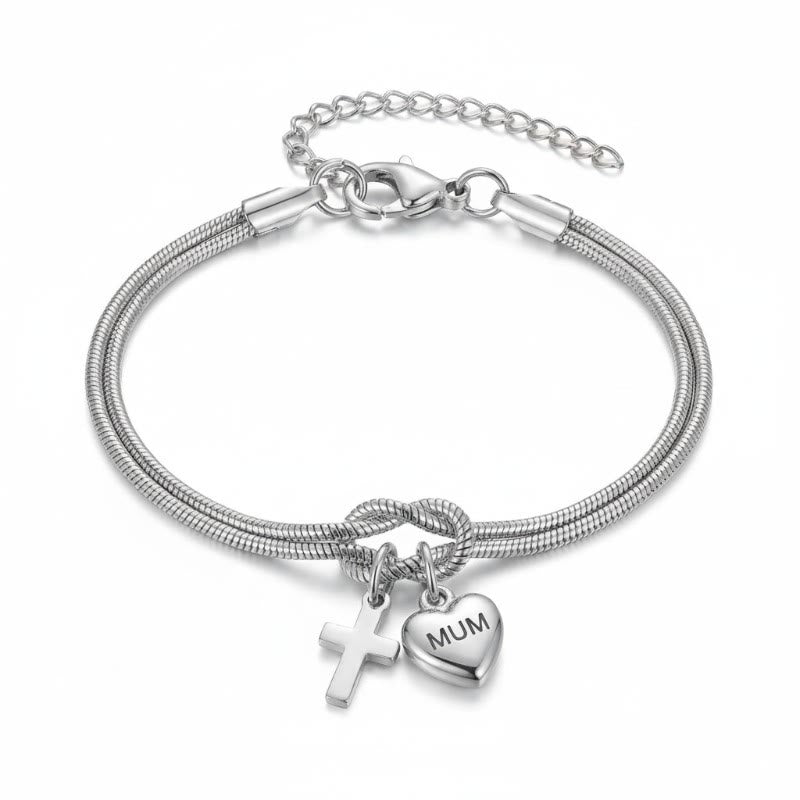 Pulsera Ajustable "Nudo de Amor" con Dije de Corazón y Cruz: Emblema de Devoción y Gracia