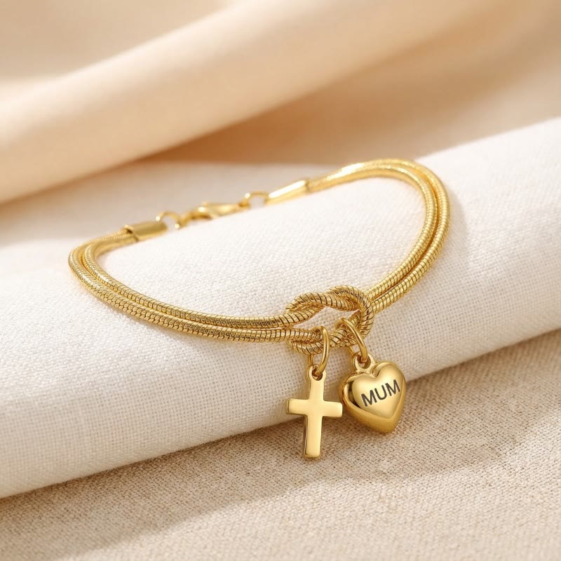 Pulsera Ajustable "Nudo de Amor" con Dije de Corazón y Cruz: Emblema de Devoción y Gracia