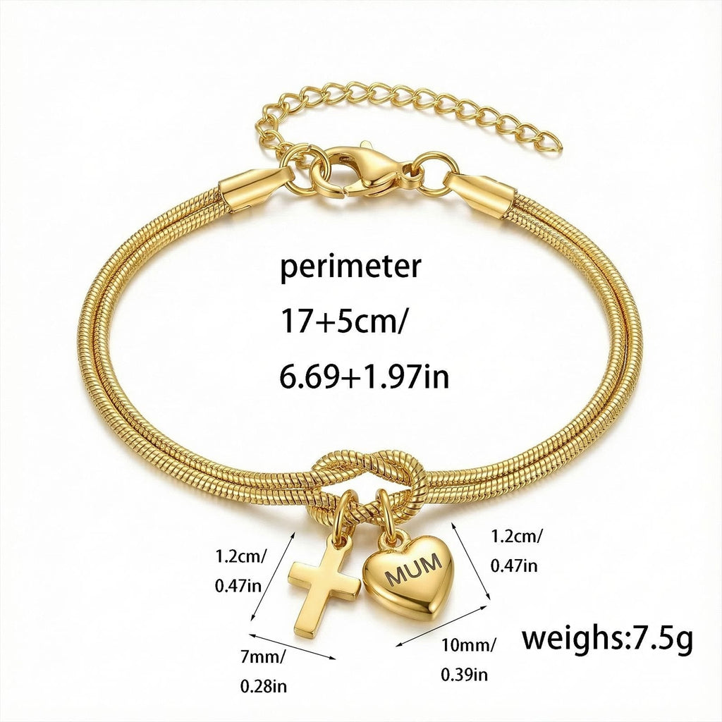 Pulsera Ajustable "Nudo de Amor" con Dije de Corazón y Cruz: Emblema de Devoción y Gracia