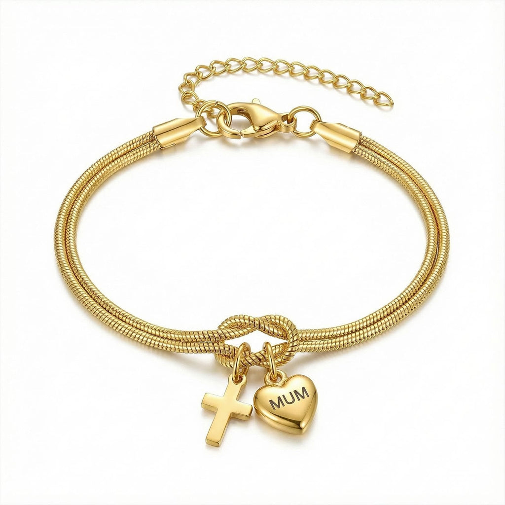 Pulsera Ajustable "Nudo de Amor" con Dije de Corazón y Cruz: Emblema de Devoción y Gracia