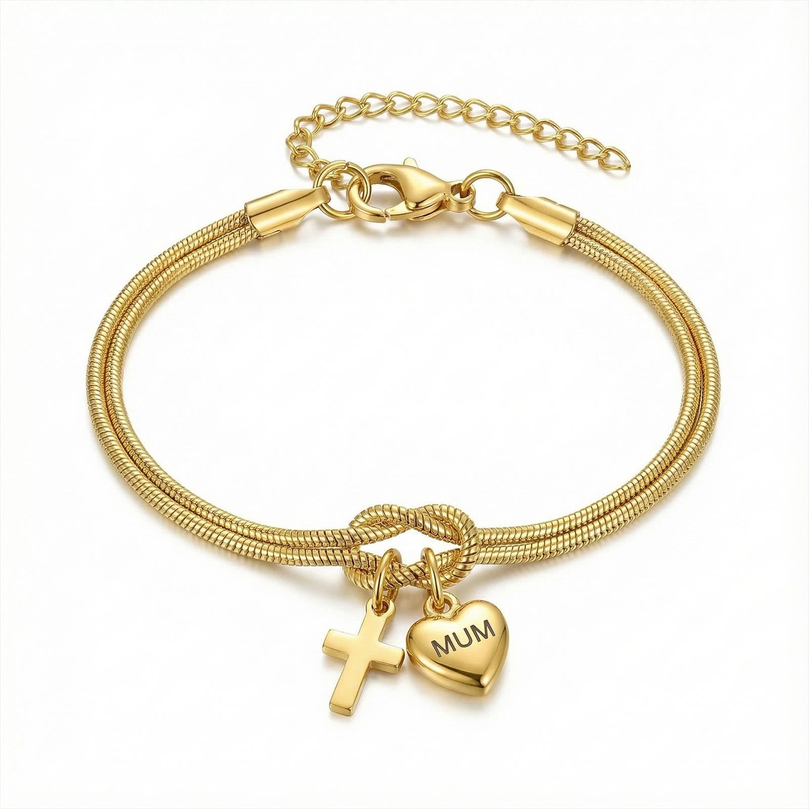 Pulsera Ajustable "Nudo de Amor" con Dije de Corazón y Cruz: Emblema de Devoción y Gracia