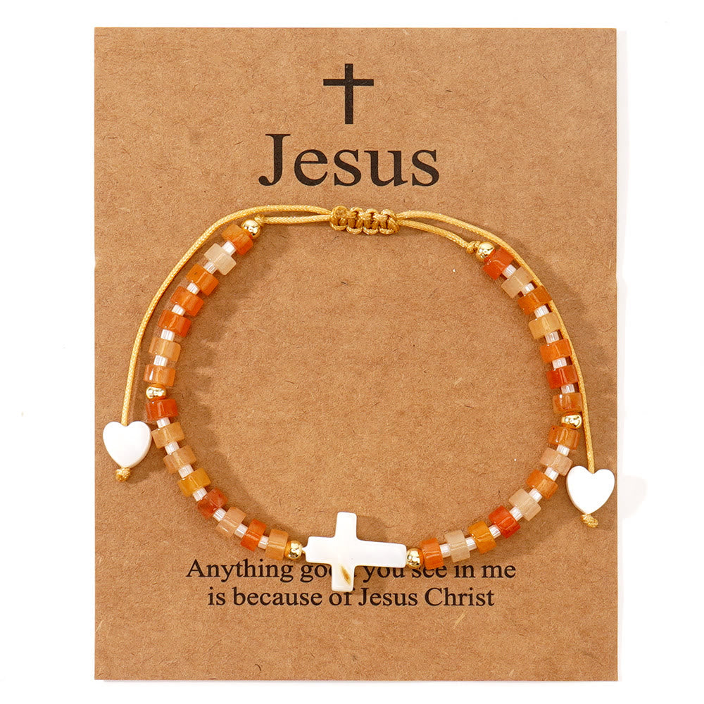 Pulsera de Amistad de Cuentas de Piedra Natural con Cruz Calada: Ícono de Devoción Espiritual