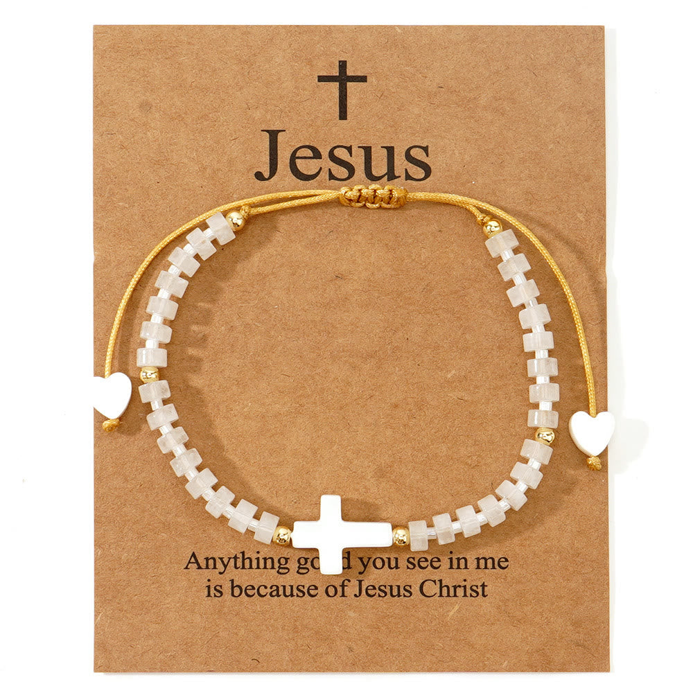 Pulsera de Amistad de Cuentas de Piedra Natural con Cruz Calada: Ícono de Devoción Espiritual