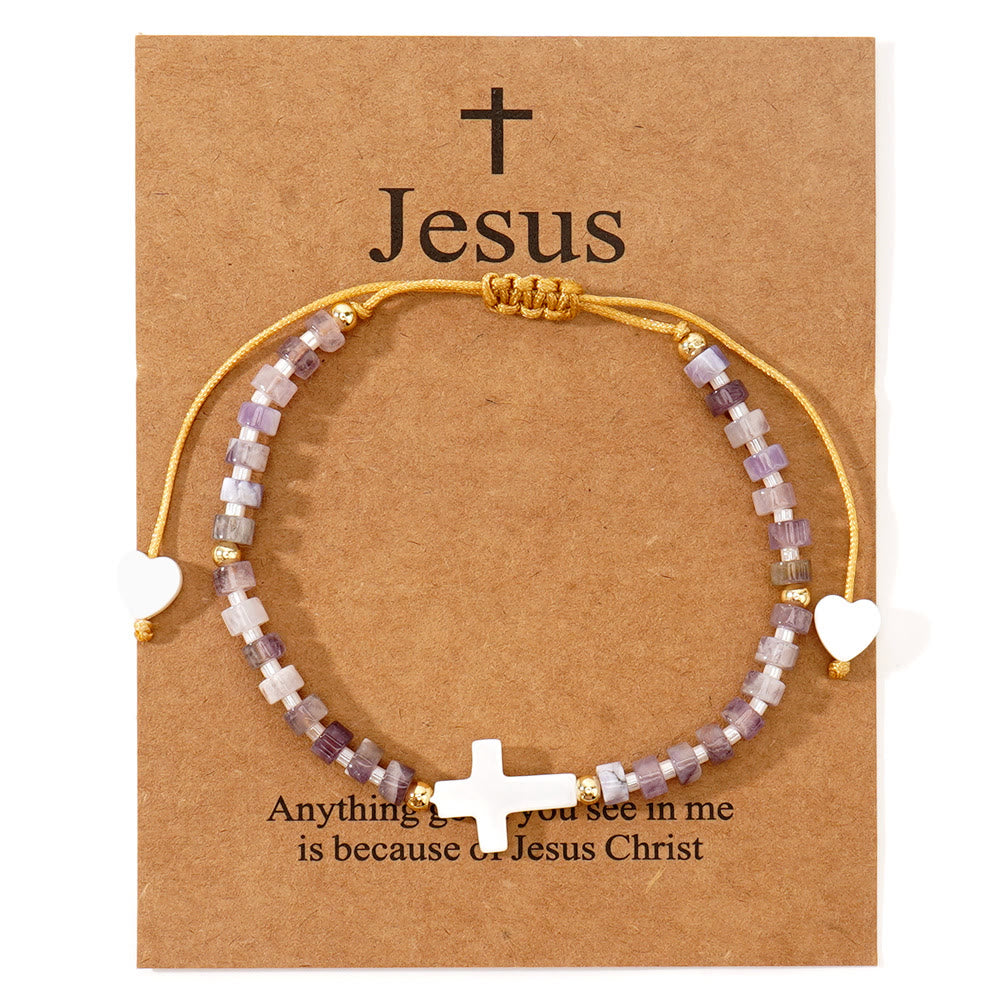 Pulsera de Amistad de Cuentas de Piedra Natural con Cruz Calada: Ícono de Devoción Espiritual