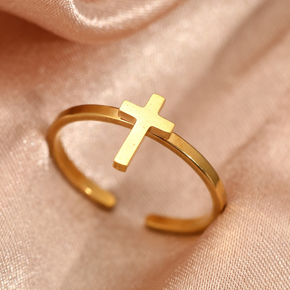 Anillo Abierto de Cruz Minimalista: Símbolo de Fe Devota y Gracia Espiritual