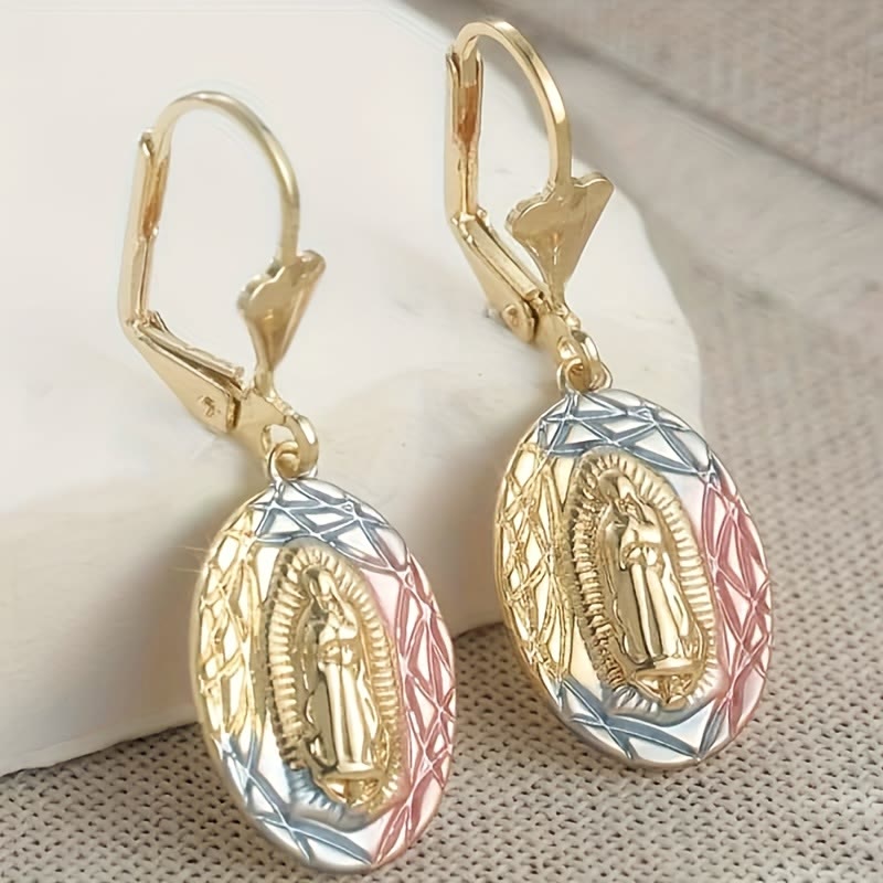 Aretes Colgantes Ovalados de Virgen Ornamentados: Gracia Maternal y Protección Divina VIP