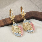 Aretes Colgantes Ovalados de Virgen Ornamentados: Gracia Maternal y Protección Divina
