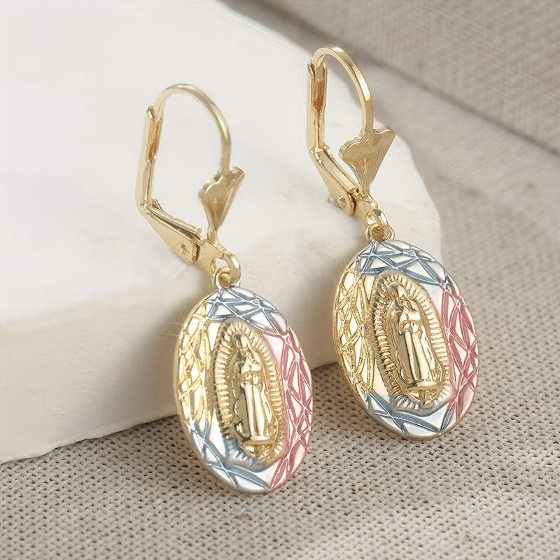 Aretes Colgantes Ovalados de Virgen Ornamentados: Gracia Maternal y Protección Divina VIP