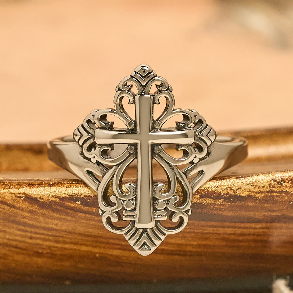 Anillo Abierto de Cruz de Filigrana Patrimonial: Símbolo de Devoción Mariana y Cuidado Divino