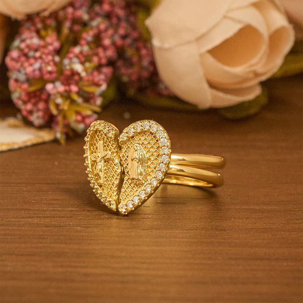 Anillo Ajustable Clásico de Cruz con Corazón Partido: Símbolo de Esperanza y Salvación Eterna