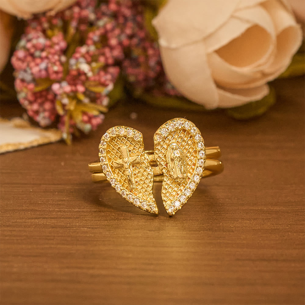 Anillo Ajustable Clásico de Cruz con Corazón Partido: Símbolo de Esperanza y Salvación Eterna