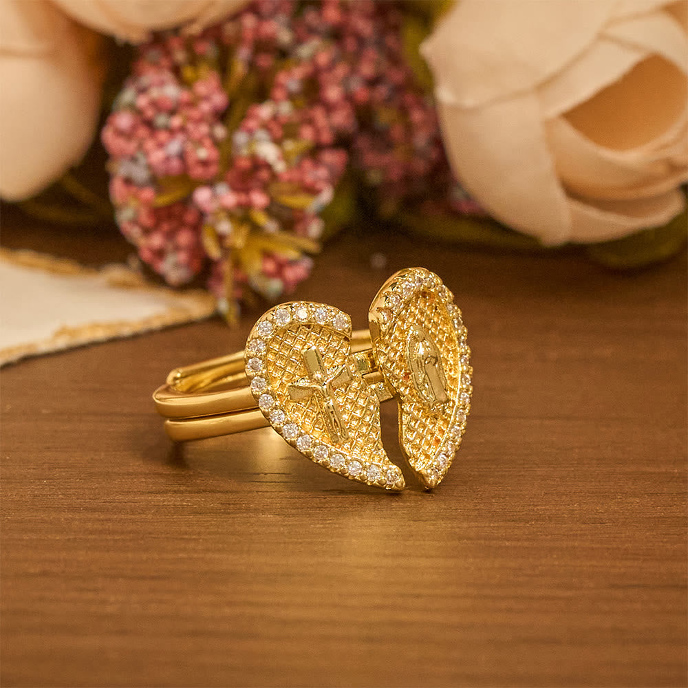 Anillo Ajustable Clásico de Cruz con Corazón Partido: Símbolo de Esperanza y Salvación Eterna