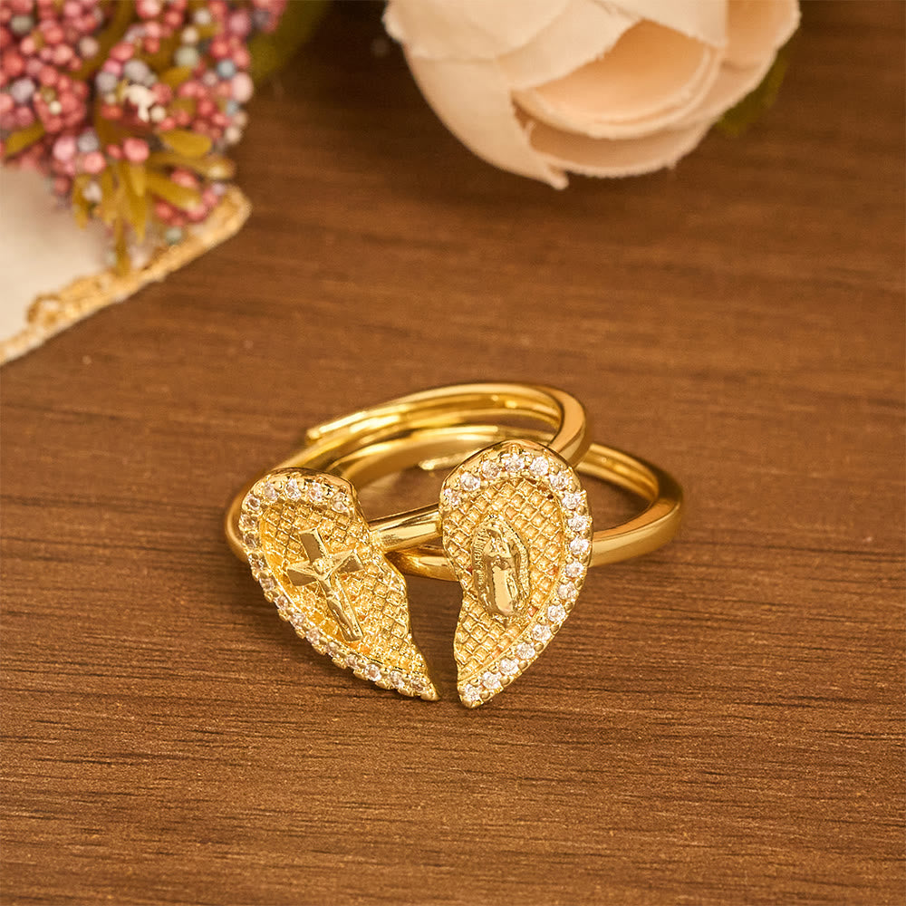 Anillo Ajustable Clásico de Cruz con Corazón Partido: Símbolo de Esperanza y Salvación Eterna