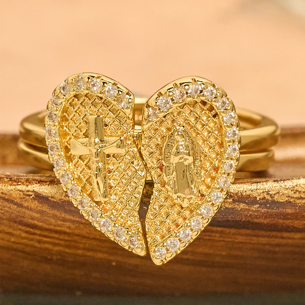 Anillo Ajustable Clásico de Cruz con Corazón Partido: Símbolo de Esperanza y Salvación Eterna