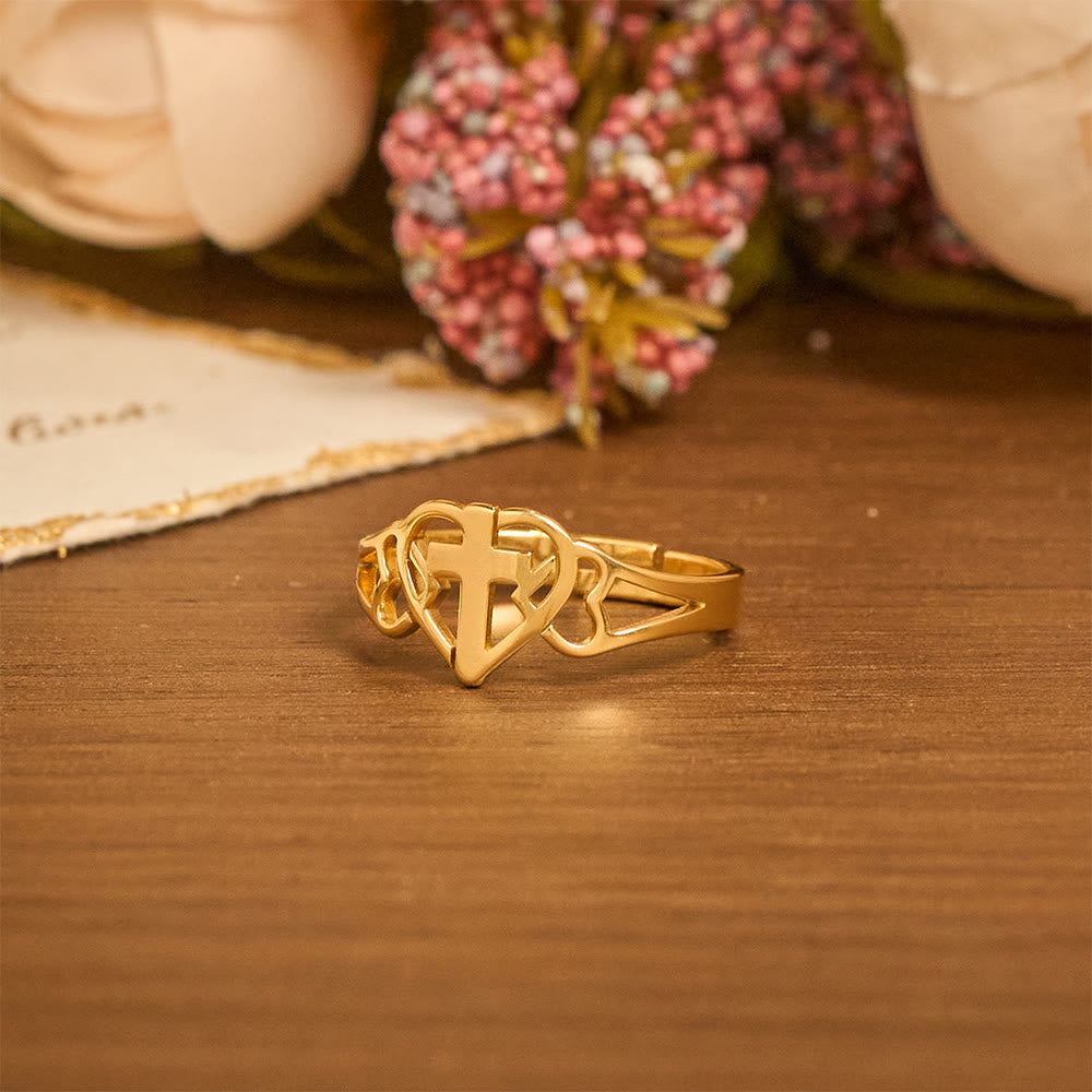 Anillo Ajustable Eterno de Corazón y Cruz: Regalo de Gracia e Intercesión Divina