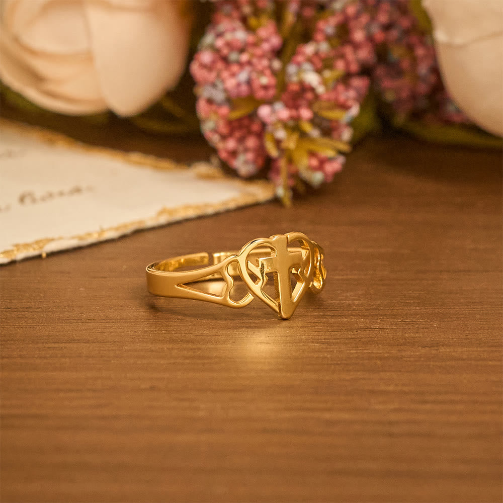 Anillo Ajustable Eterno de Corazón y Cruz: Regalo de Gracia e Intercesión Divina
