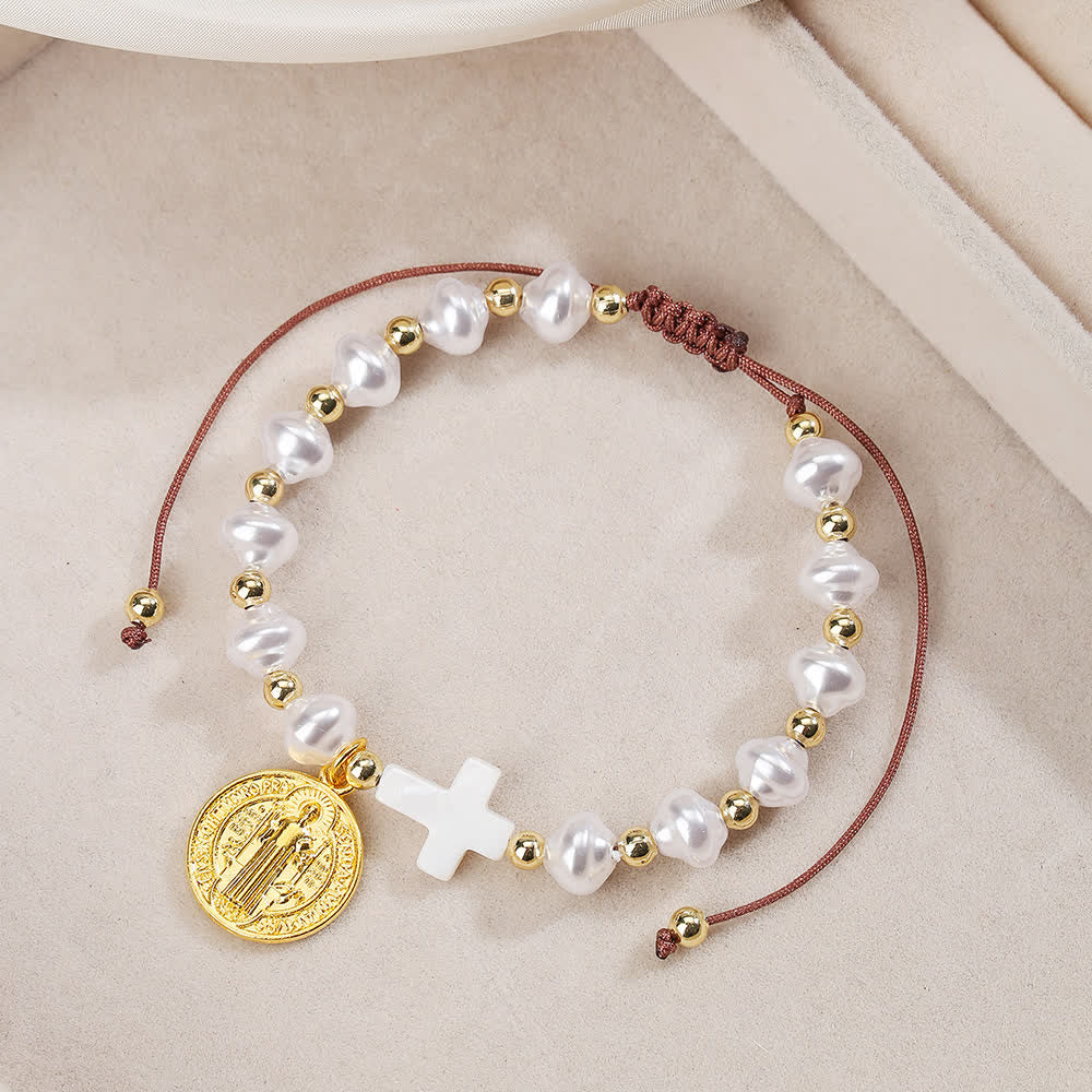 Pulsera Elegante Ajustable de Cristal con Medalla de San Benito: Joyería de Bendición Espiritual