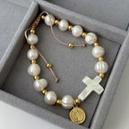 Pulsera Elegante Ajustable de Cristal con Medalla de San Benito: Joyería de Bendición Espiritual