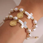 Pulsera Elegante Ajustable de Cristal con Medalla de San Benito: Joyería de Bendición Espiritual