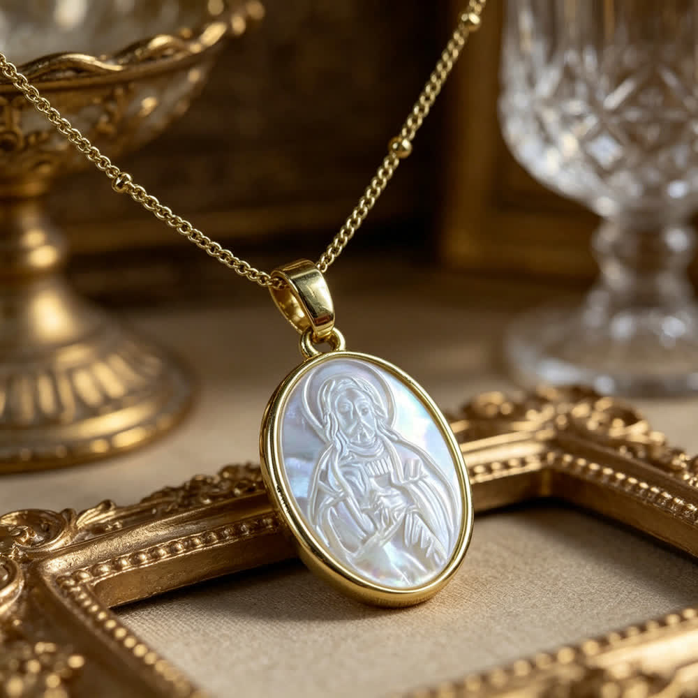 Collar de Santos con Perla Blanca Natural: Sagrado Corazón, Jesús, la Virgen y San Miguel