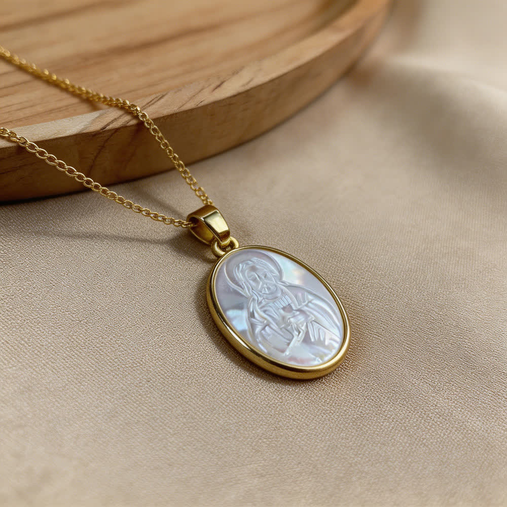 Collar de Santos con Perla Blanca Natural: Sagrado Corazón, Jesús, la Virgen y San Miguel