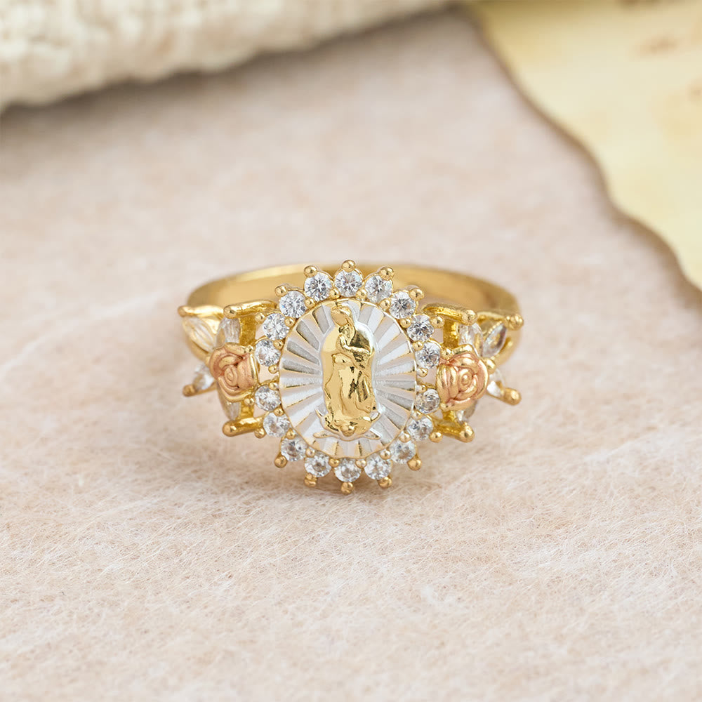 Anillo de Circonia de la Virgen Radiante con Rosas: Lleva la Luz del Amor Maternal
