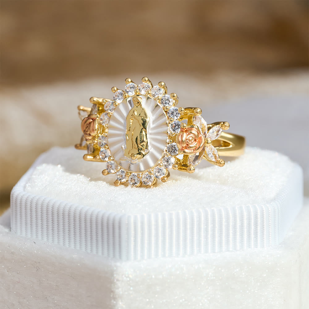 Anillo de Circonia de la Virgen Radiante con Rosas: Lleva la Luz del Amor Maternal