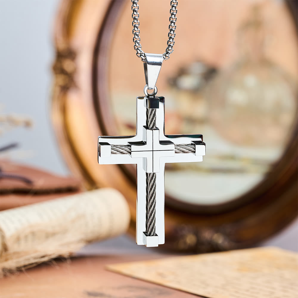 Collar de Cruz de Doble Capa con Núcleo de Acero Trenzado en Tres Colores: Luz de Fe Divina