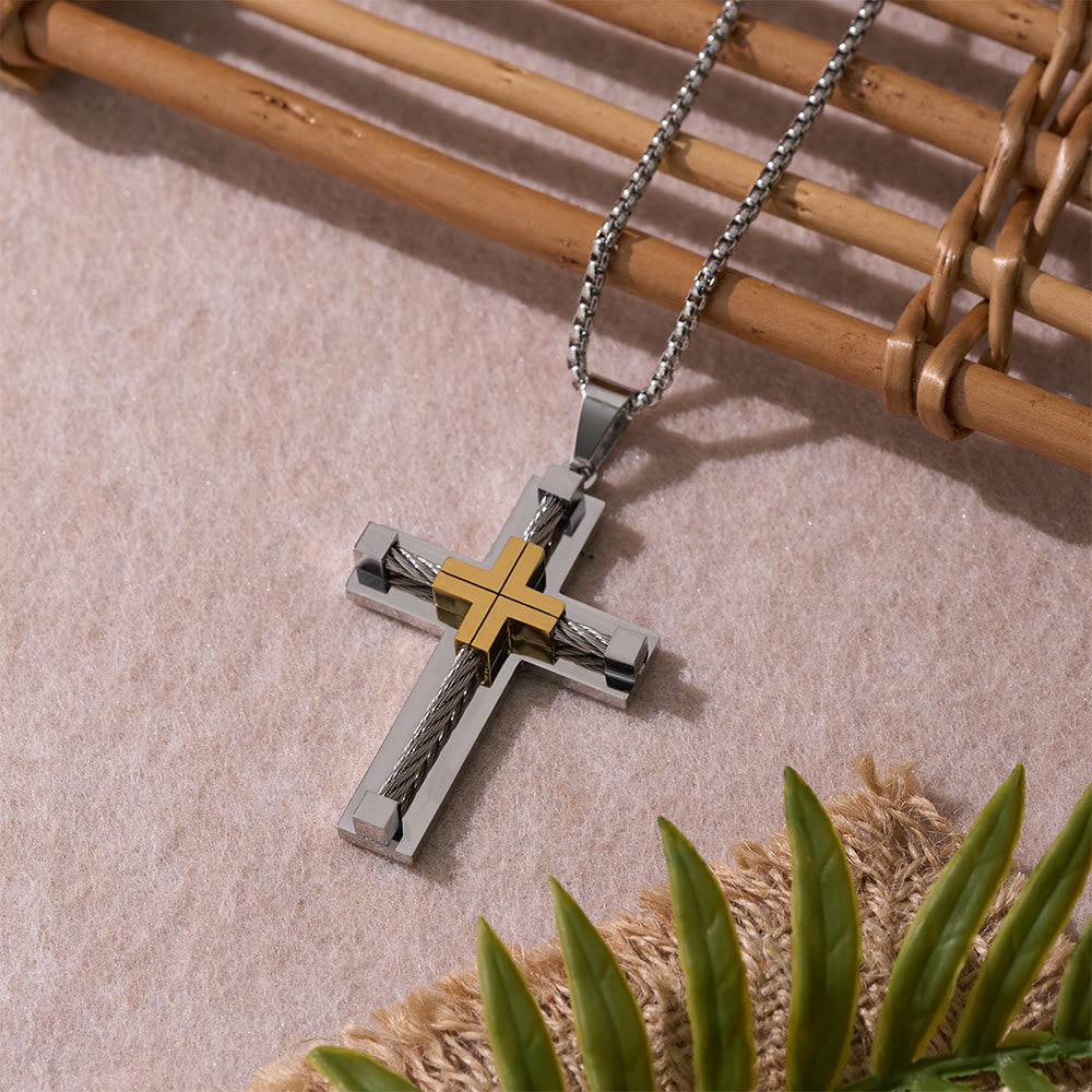 Collar de Cruz de Doble Capa con Núcleo de Acero Trenzado en Tres Colores: Luz de Fe Divina
