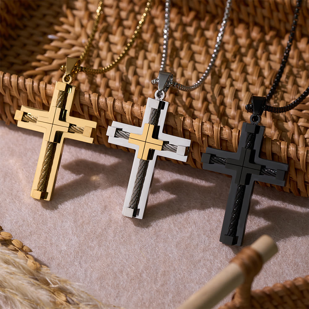 Collar de Cruz de Doble Capa con Núcleo de Acero Trenzado en Tres Colores: Luz de Fe Divina
