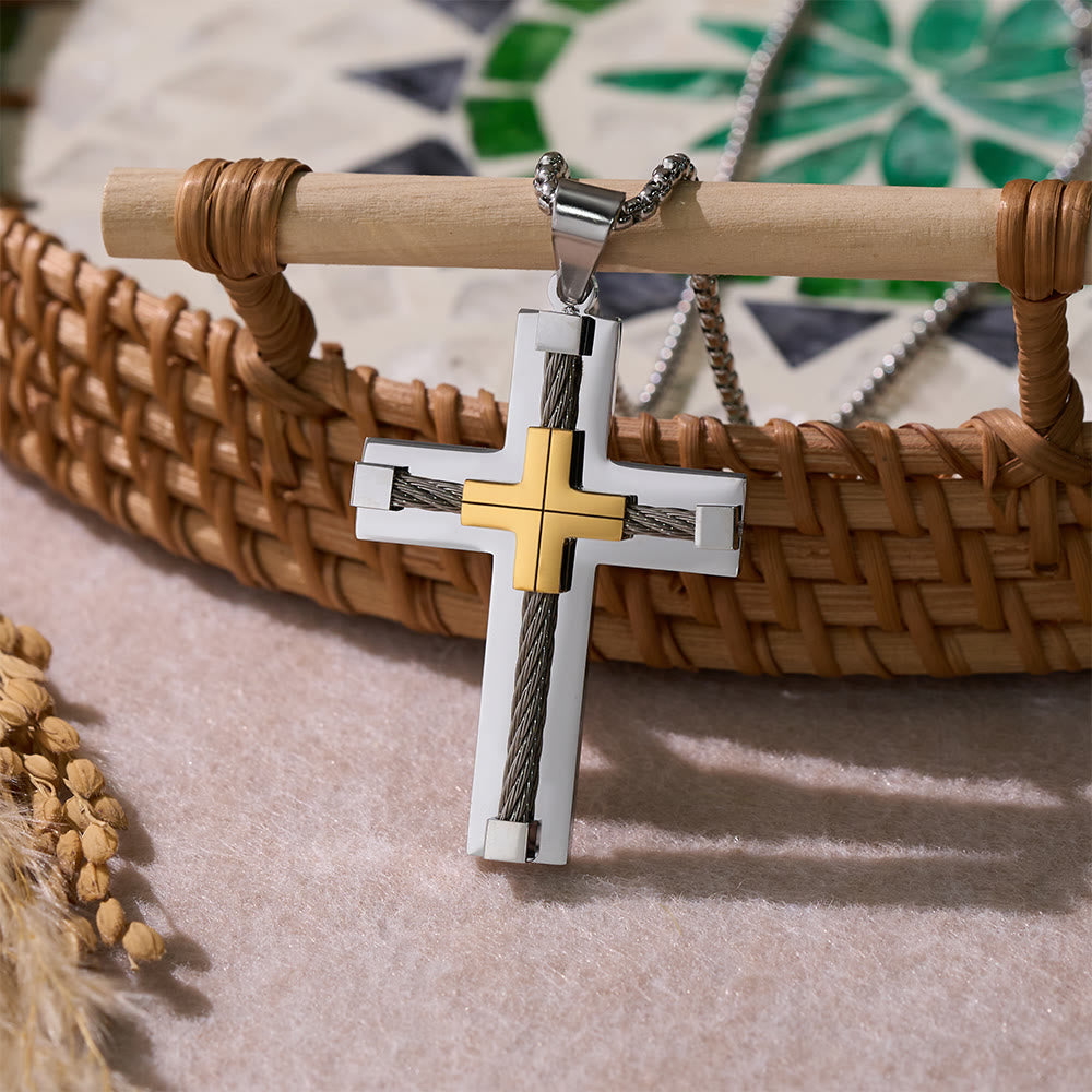 Collar de Cruz de Doble Capa con Núcleo de Acero Trenzado en Tres Colores: Luz de Fe Divina