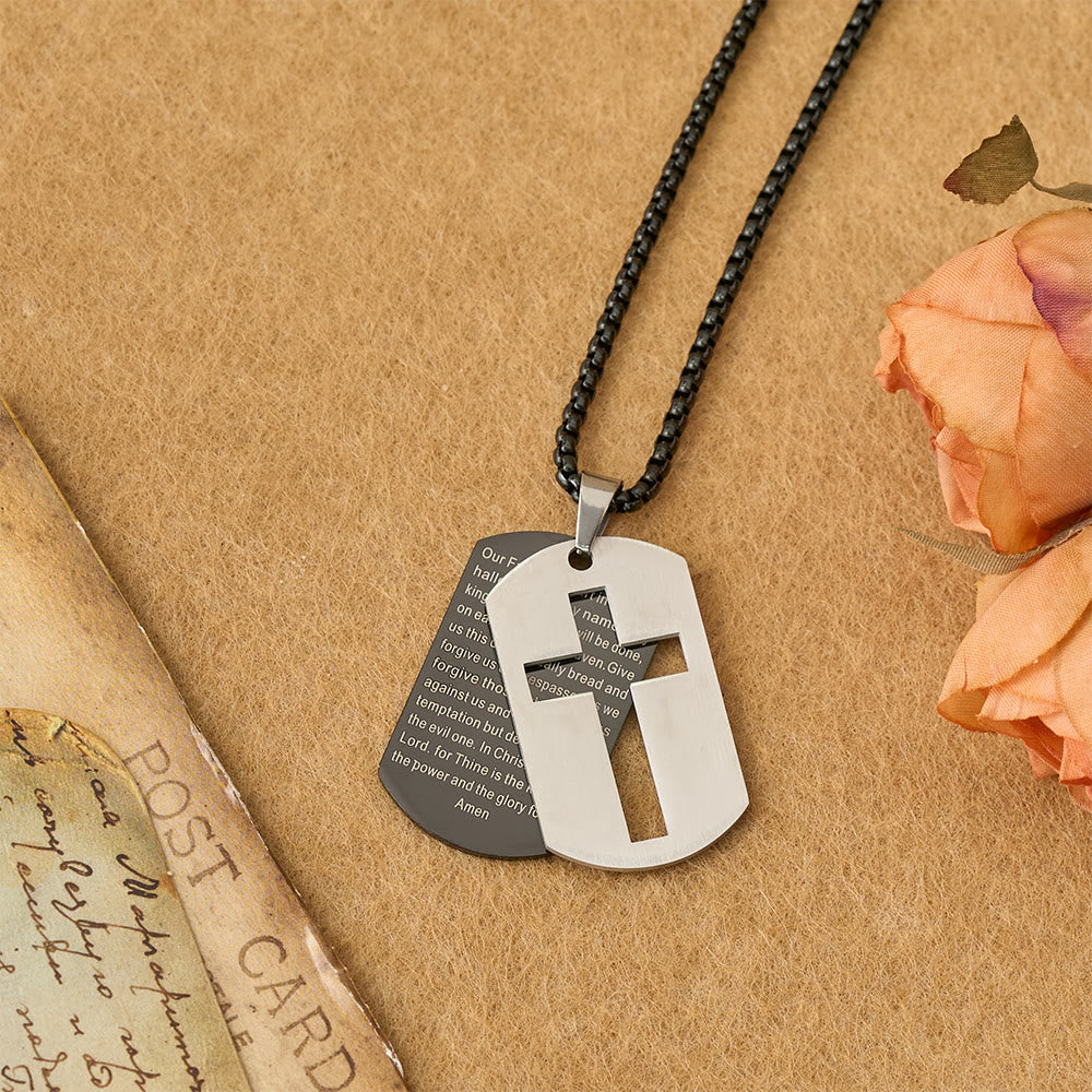 Collar con Dije Placa Militar de Cruz Padre Nuestro: Emblema de Gracia Divina y Fe