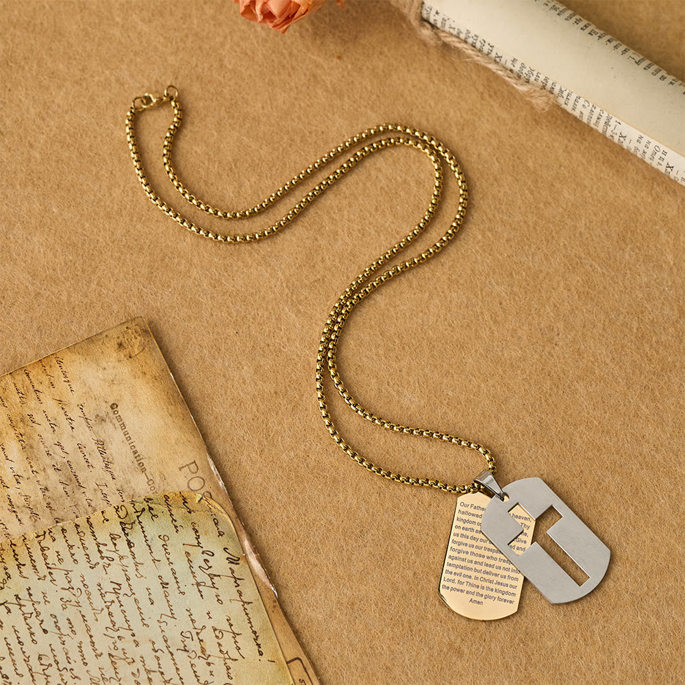 Collar con Dije Placa Militar de Cruz Padre Nuestro: Emblema de Gracia Divina y Fe