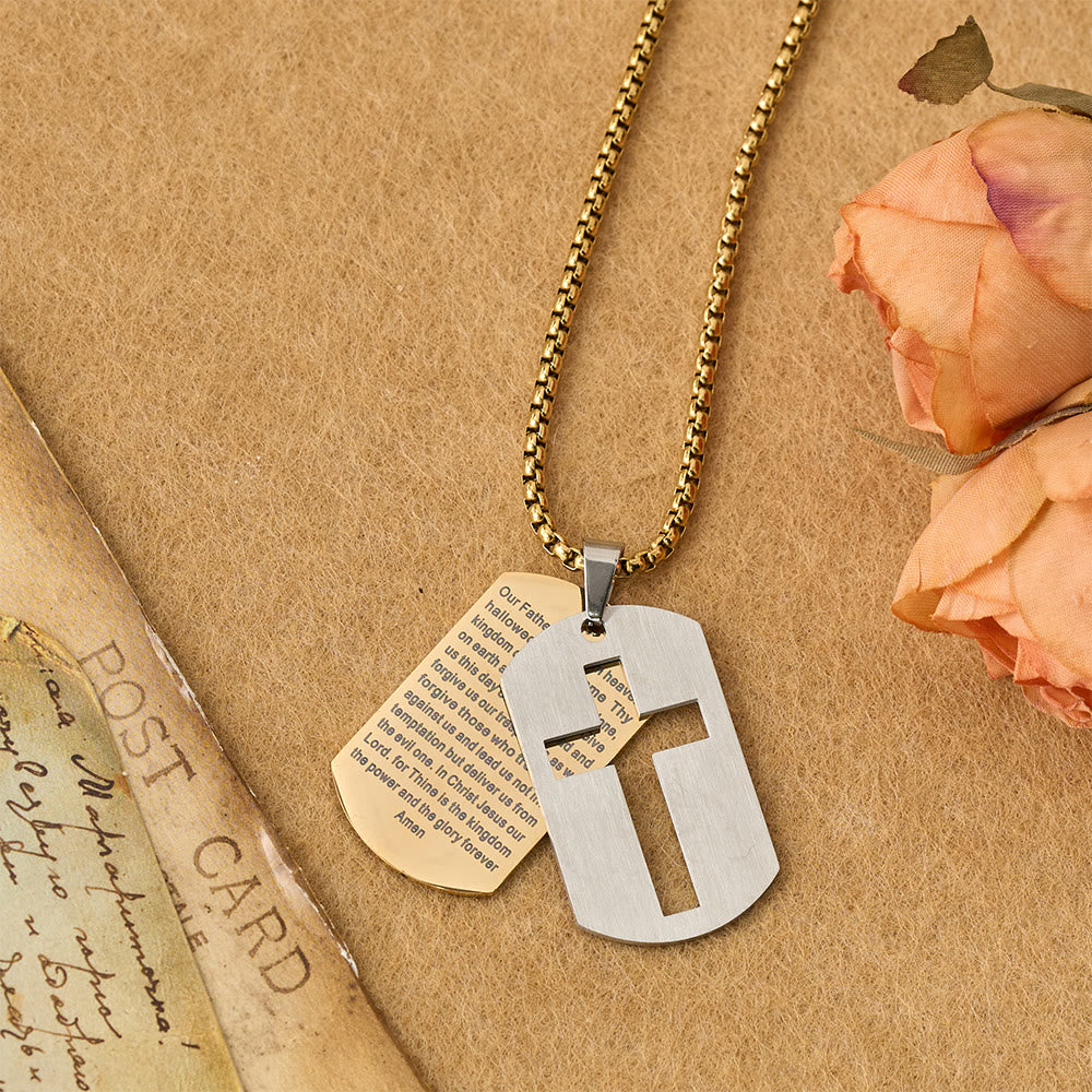 Collar con Dije Placa Militar de Cruz Padre Nuestro: Emblema de Gracia Divina y Fe